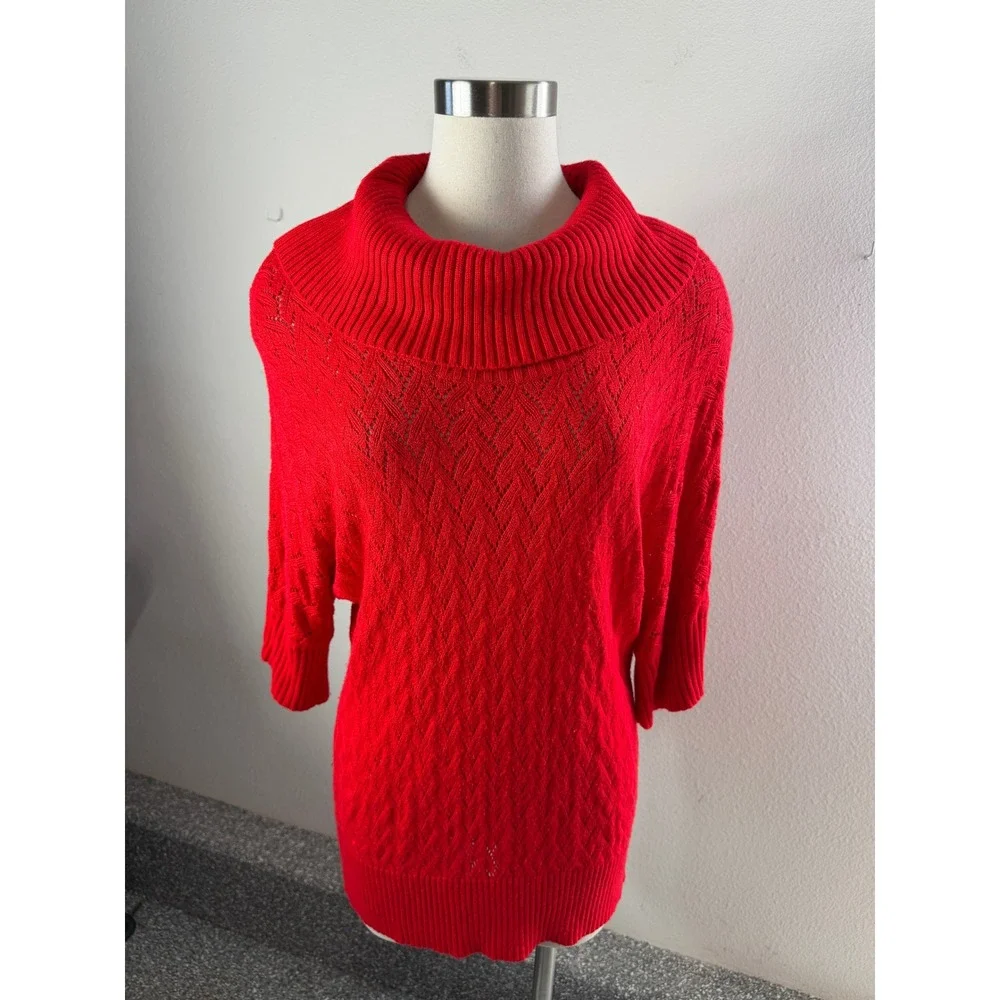 Michael Kors Womens XL Red Pointelle Knit Short Sleeve Sweater Cowl Neck Top
